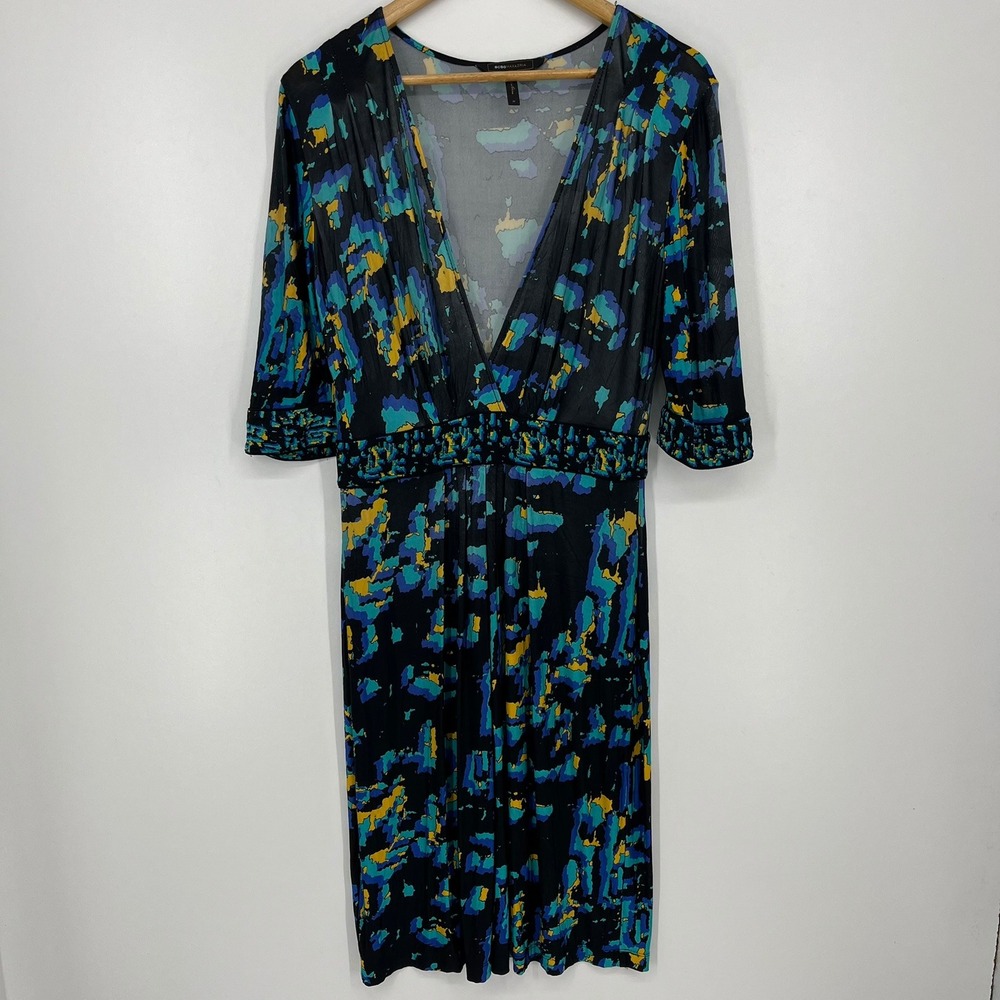 BCBGMAXAZRIA Womens Abstract‎ Print V-Neck Empire Waist Dress Black Blue M Vtg